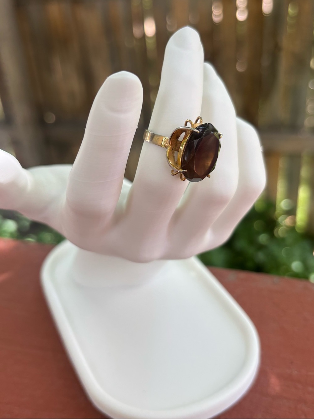 Vintage Sterling Silver Sz 6.5 Smoky Quartz Oval Statement Ring Large Gold Tone - Picture 3 of 10